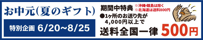 お中元(夏のギフト) 特別企画 6/20～8/25 期間中特典 ※沖縄・離島は除く ※北海道は送料 800 円 ● 1 か所のお送り先が 4,000 円以上で送料全国一律 500 円
