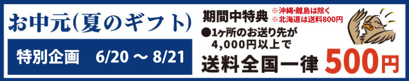 お中元(夏のギフト) 特別企画 6/20～8/21 期間中特典 ※沖縄・離島は除く ※北海道は送料 800 円 ● 1 か所のお送り先が 4,000 円以上で送料全国一律 500 円
